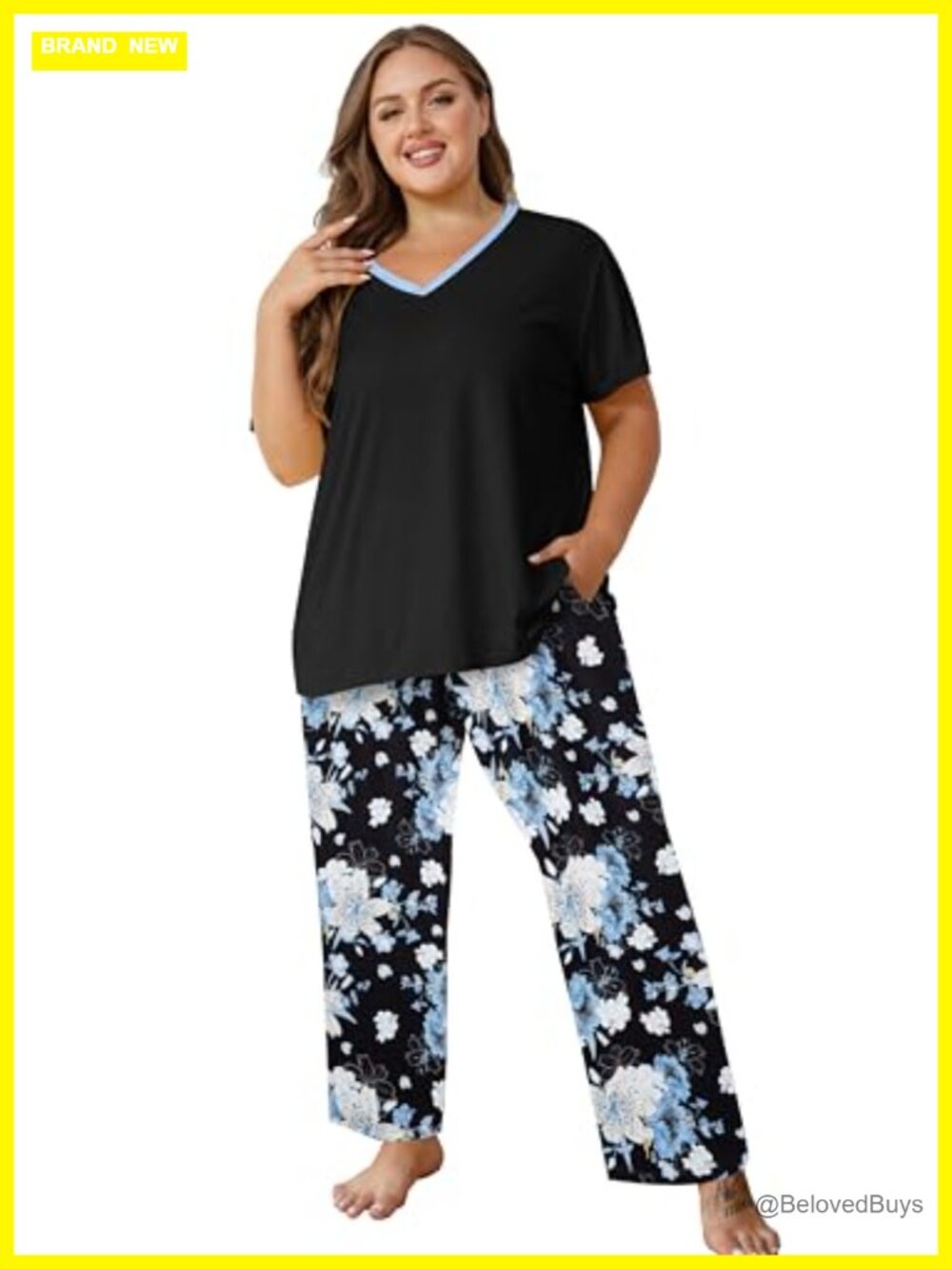 Women's Pajama Set Short Sleeve Long Pant Sleepwear Loungewear with Pockets